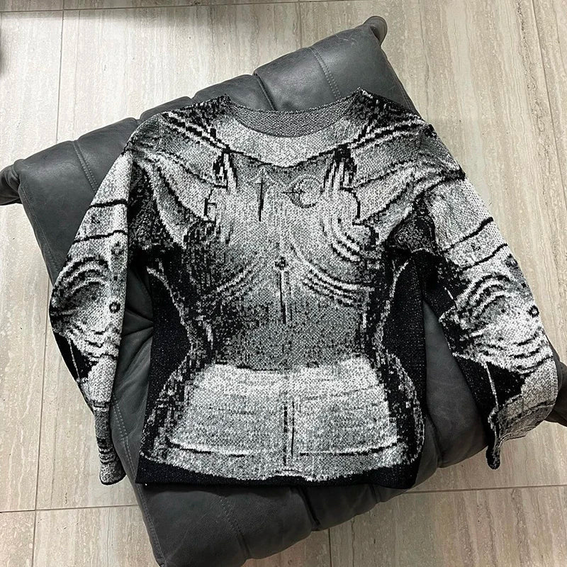 Jacquard Armor Knitted Sweater | Niche Design Knight Headwear Pullover - Amplify