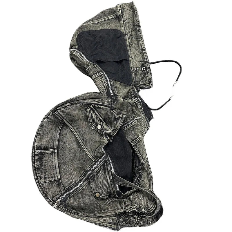 Multi Zipper Cargo Denim Backpack Vest w/ Hood - Amplify