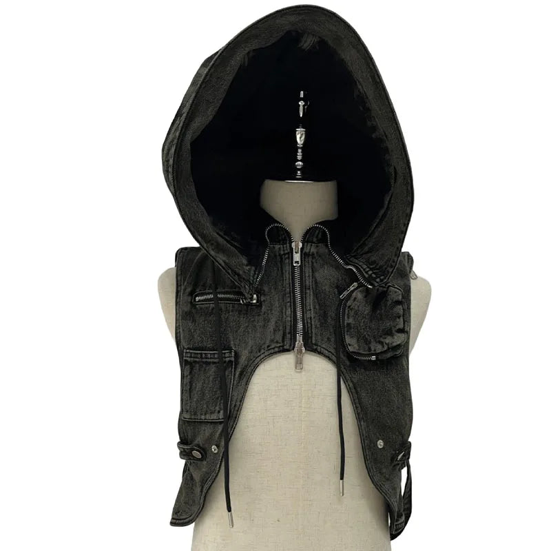 Multi Zipper Cargo Denim Backpack Vest w/ Hood - Amplify