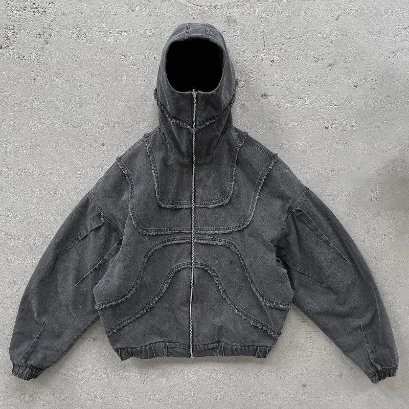 Washed Denim Jacket Y2K American Design Streetwear Gothic High Street Oversized black