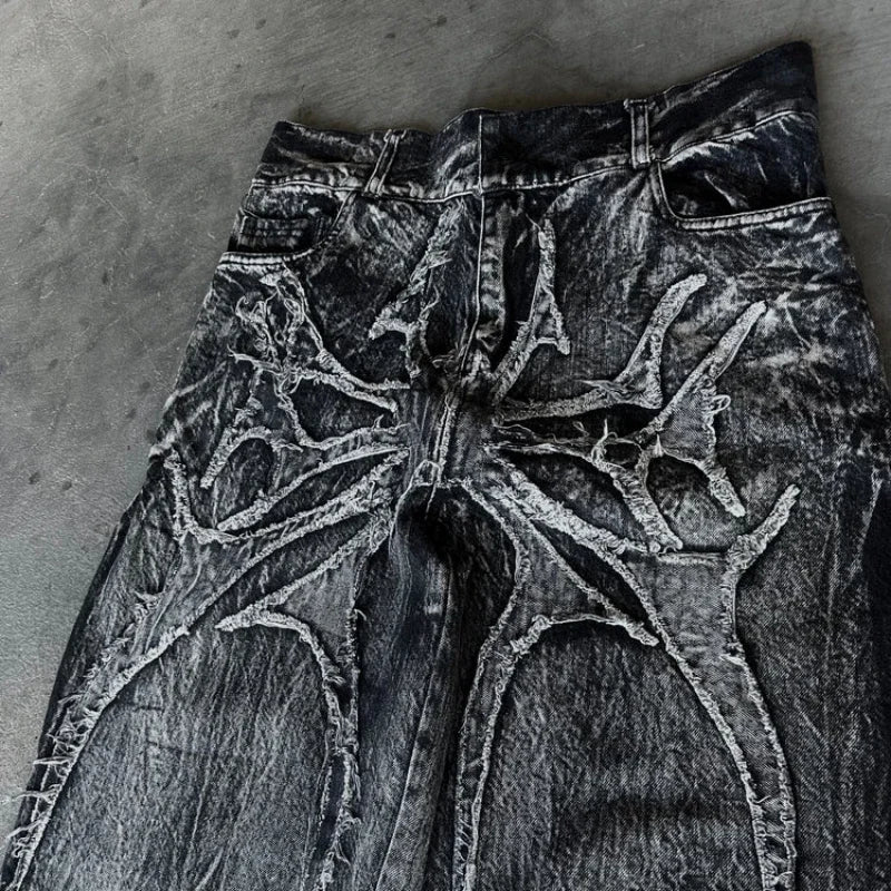 Gothic Retro Oversized Baggy Fit Mopping Pants | Y2K Phantom Jeans | Spider Embroidered Patch - Amplify