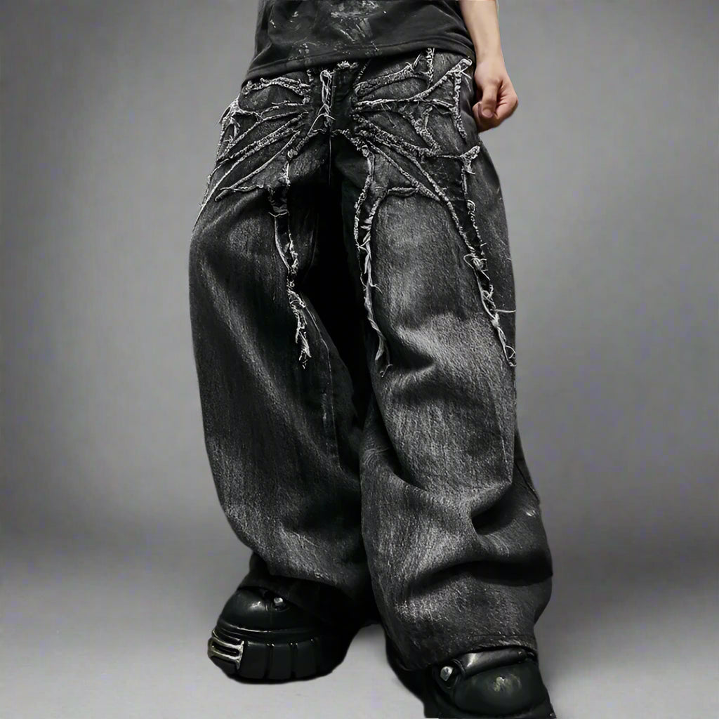 Gothic Retro Oversized Baggy Fit Mopping Pants | Y2K Phantom Jeans | Spider Embroidered Patch - Amplify