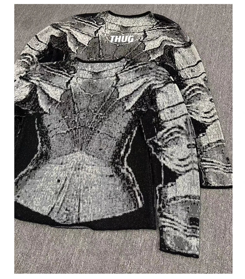 Jacquard Armor Knitted Sweater | Niche Design Knight Headwear Pullover - Amplify