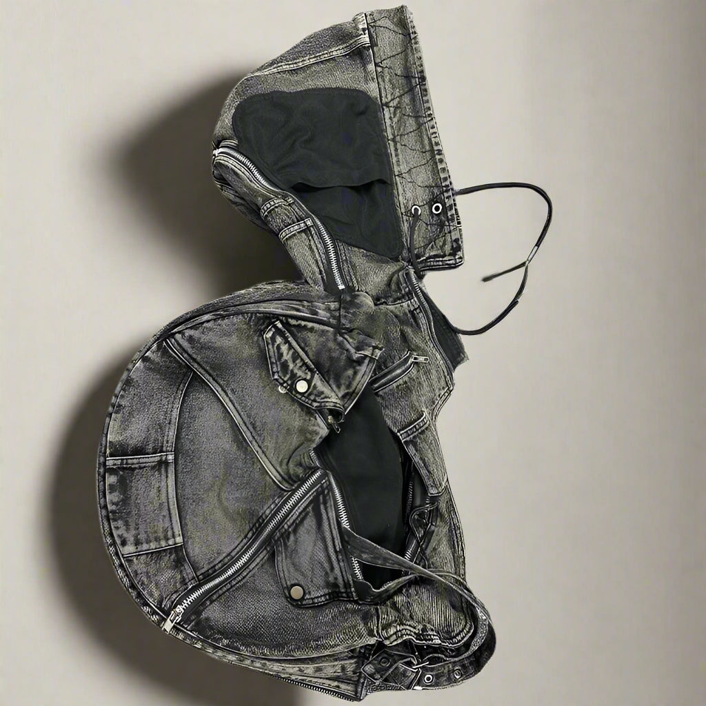 Multi Zipper Cargo Denim Backpack Vest w/ Hood - Amplify