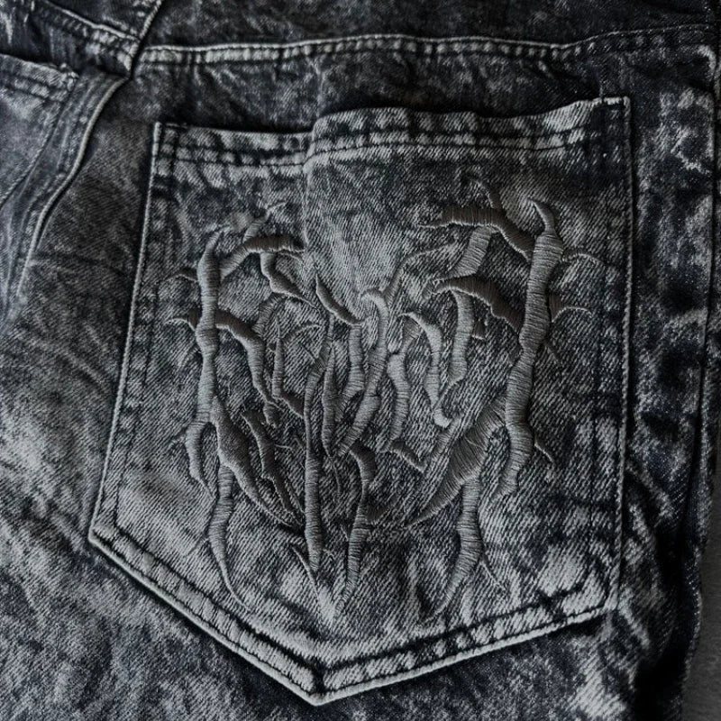 Gothic Retro Oversized Baggy Fit Mopping Pants | Y2K Phantom Jeans | Spider Embroidered Patch - Amplify