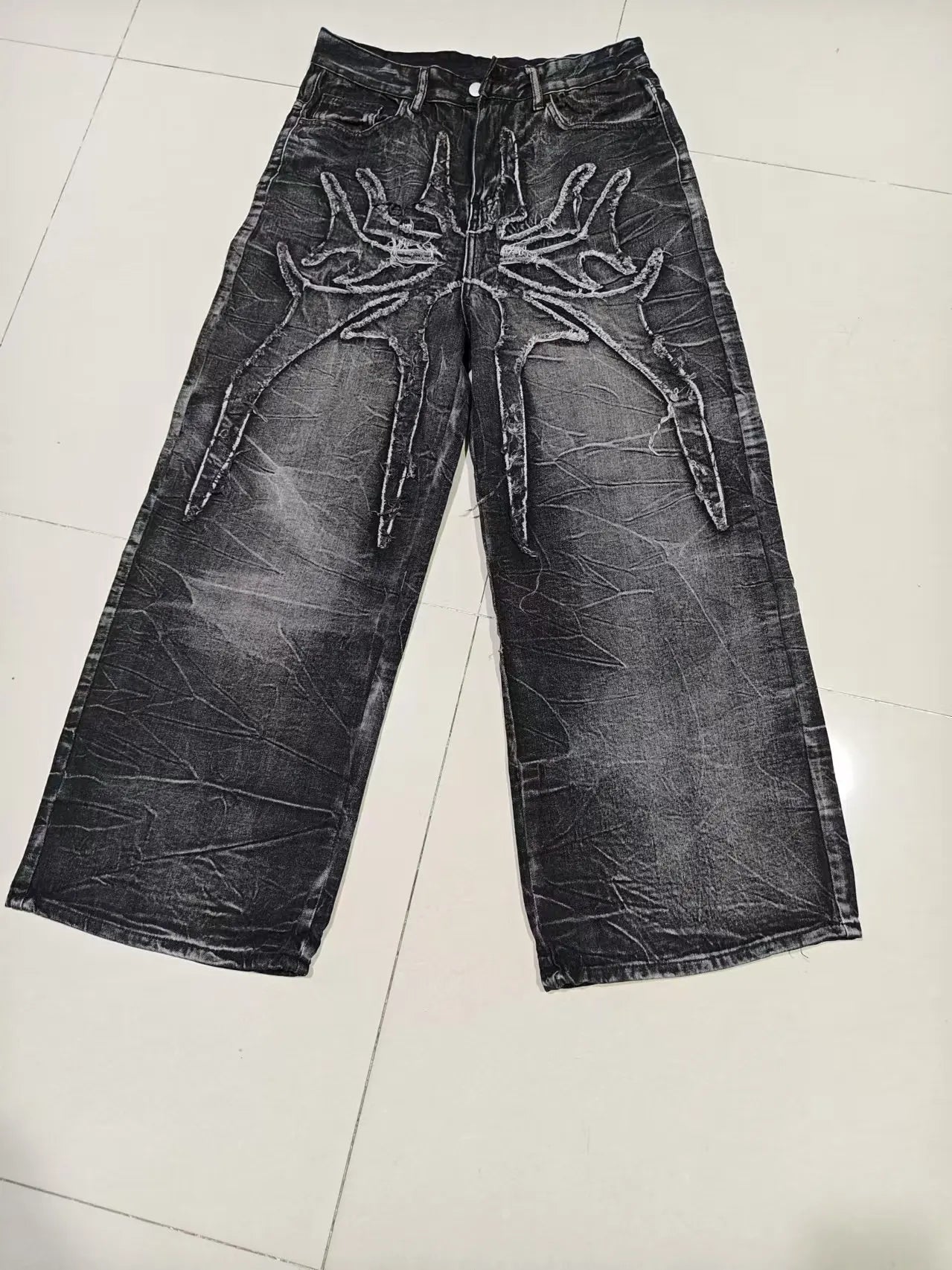 Gothic Retro Oversized Baggy Fit Mopping Pants | Y2K Phantom Jeans | Spider Embroidered Patch - Amplify