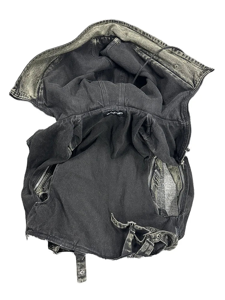 Multi Zipper Cargo Denim Backpack Vest w/ Hood - Amplify