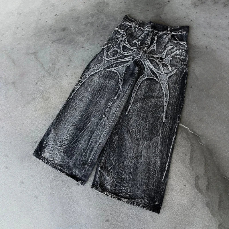 Gothic Retro Oversized Baggy Fit Mopping Pants | Y2K Phantom Jeans | Spider Embroidered Patch - Amplify