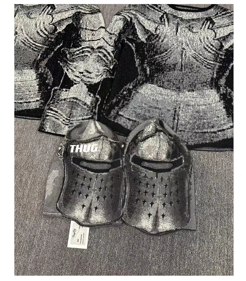 Jacquard Armor Knitted Sweater | Niche Design Knight Headwear Pullover - Amplify
