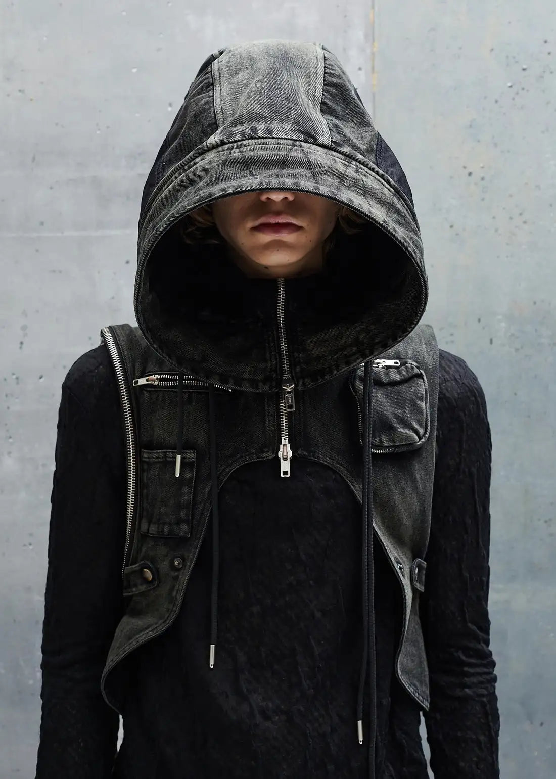 Multi Zipper Cargo Denim Backpack Vest w/ Hood - Amplify