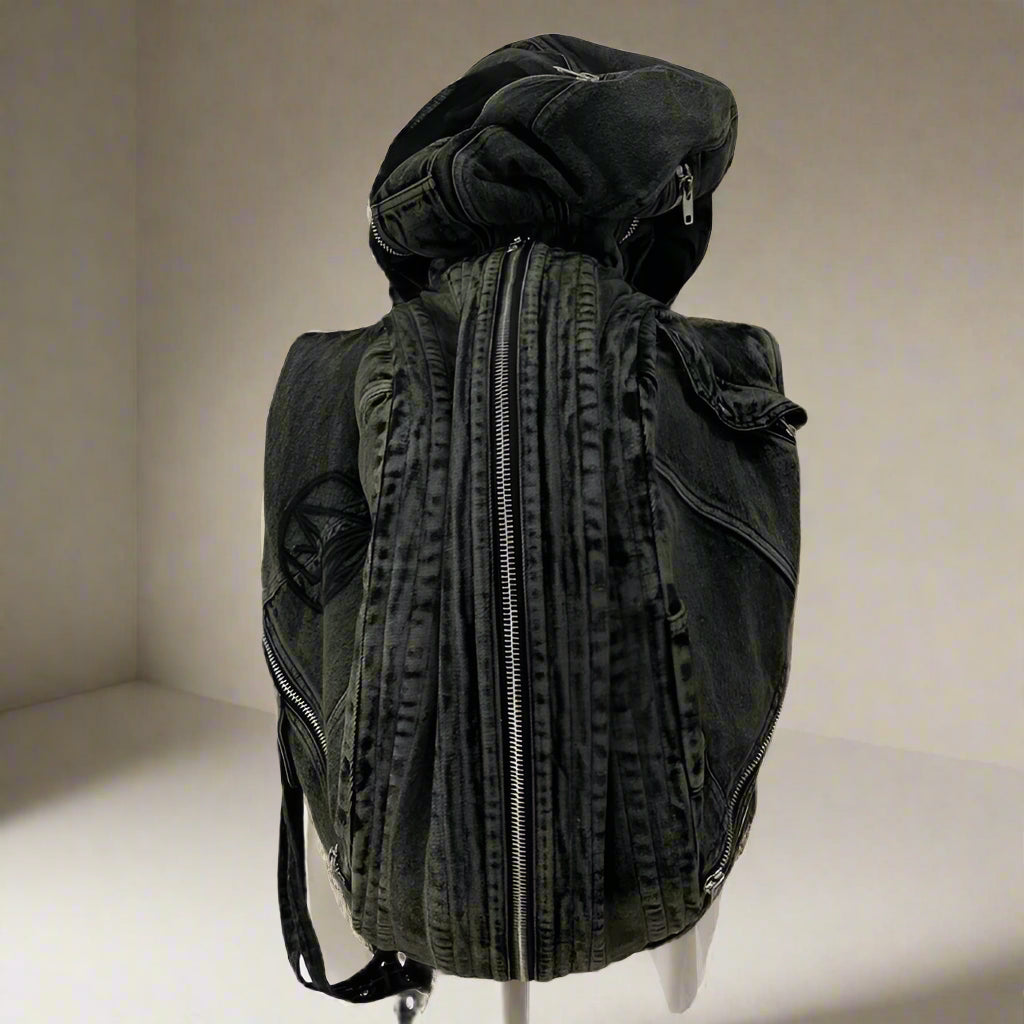 Multi Zipper Cargo Denim Backpack Vest w/ Hood - Amplify
