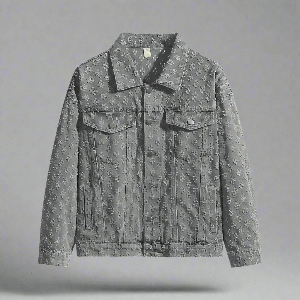 Jacquard Pattern Denim Vintage Jean Coat | Casual Lapel Shirt Wide-Leg Pants BUNDLE
