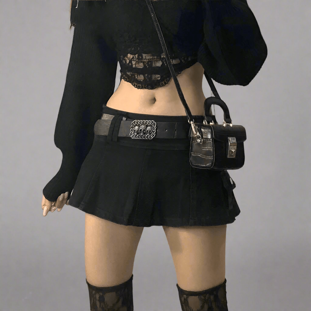 Women's Gothic Mini Skirt | Low Rise Black Pocket Patchwork