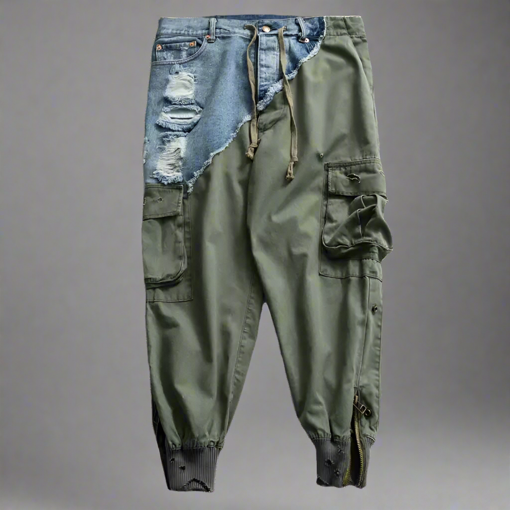 Heavy Ankle Zipper Patchwork Jeans x Joggers | Army Drawstring Cargo - Amplify