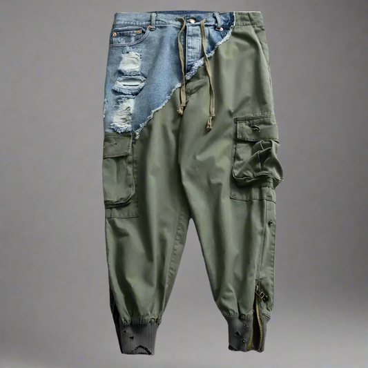 Heavy Ankle Zipper Patchwork Jeans x Joggers | Army Drawstring Cargo - Amplify