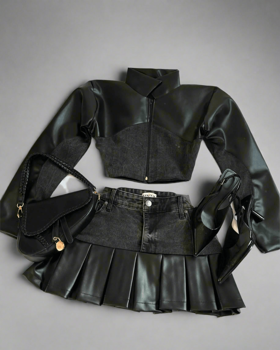 Leather Spliced Denim Black Two Piece Set | Gothic Long Sleeve Zipper Jacket Mini Pleated Skirt
