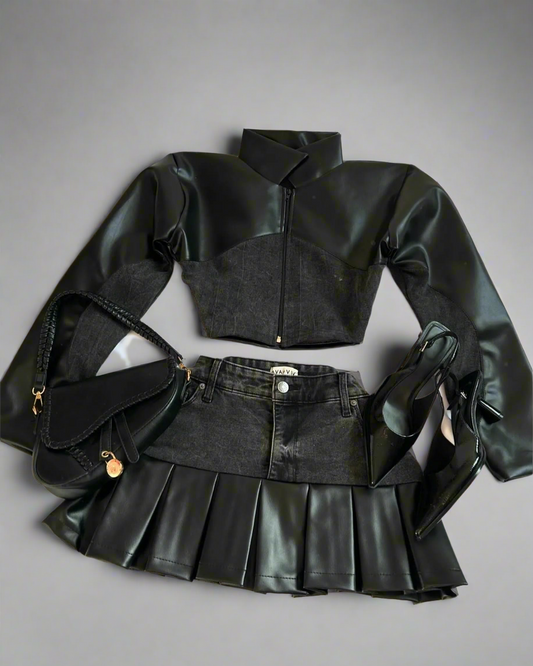 Leather Spliced Denim Black Two Piece Set | Gothic Long Sleeve Zipper Jacket Mini Pleated Skirt - Amplify