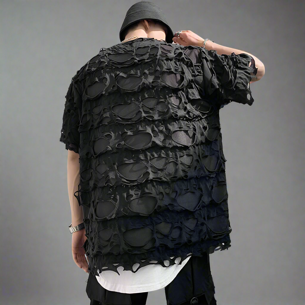 Distressed Holey Streetwear | Ripped Oversized Black Tee - Amplify