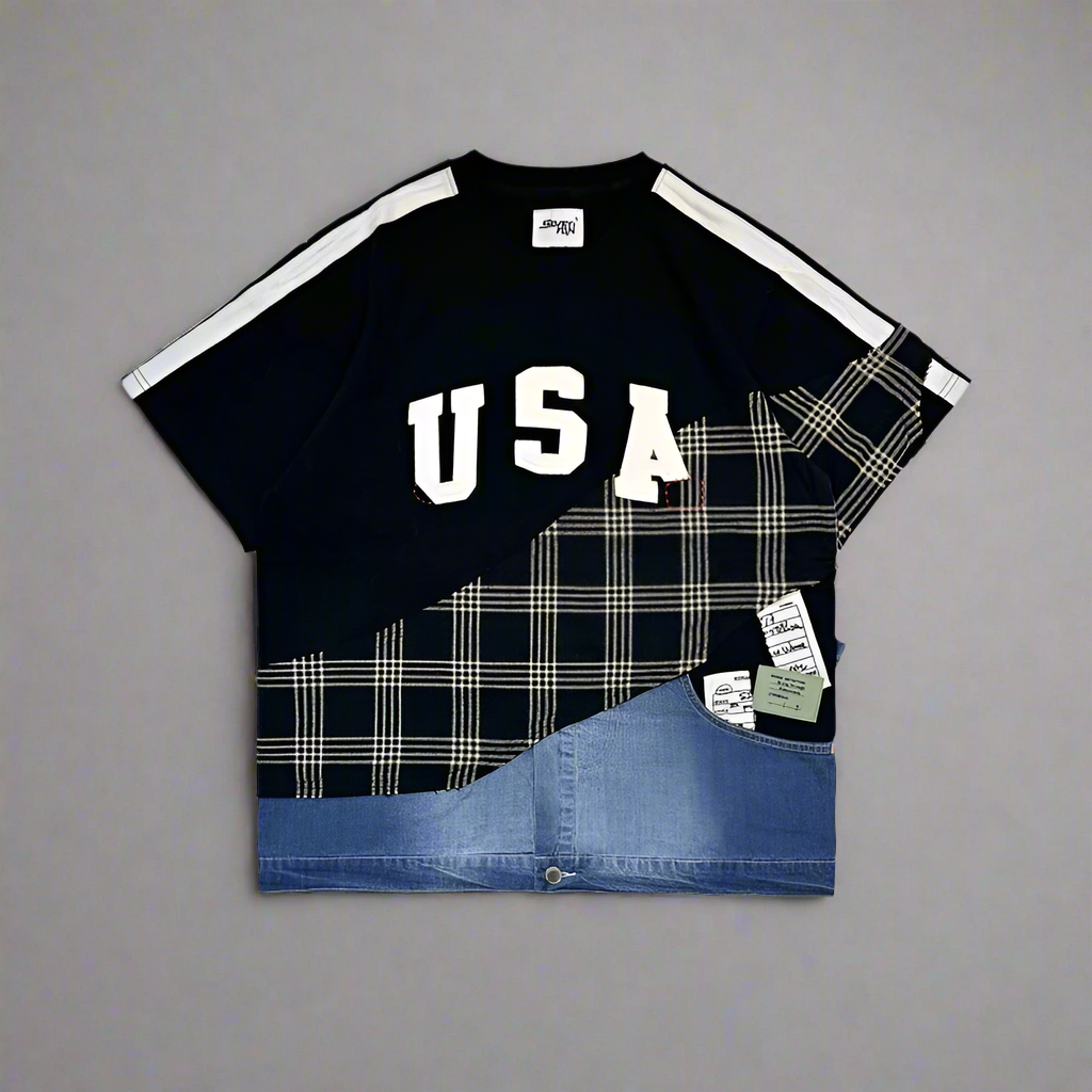 USA Embroidered Tee | Plaid Patchwork Cotton Top - Amplify