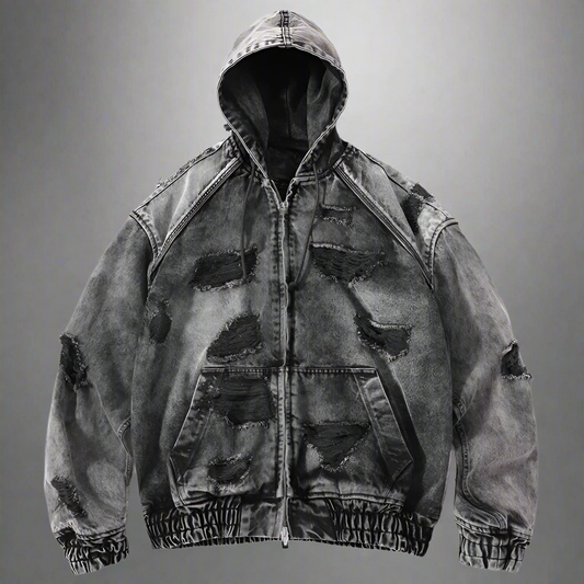 Wasteland Style Washed & Damaged Hooded Denim Jacket - Amplify