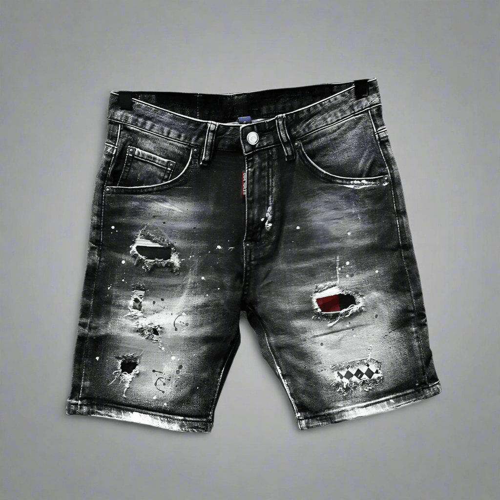 Black Plaid Patches and Painted Denim Shorts