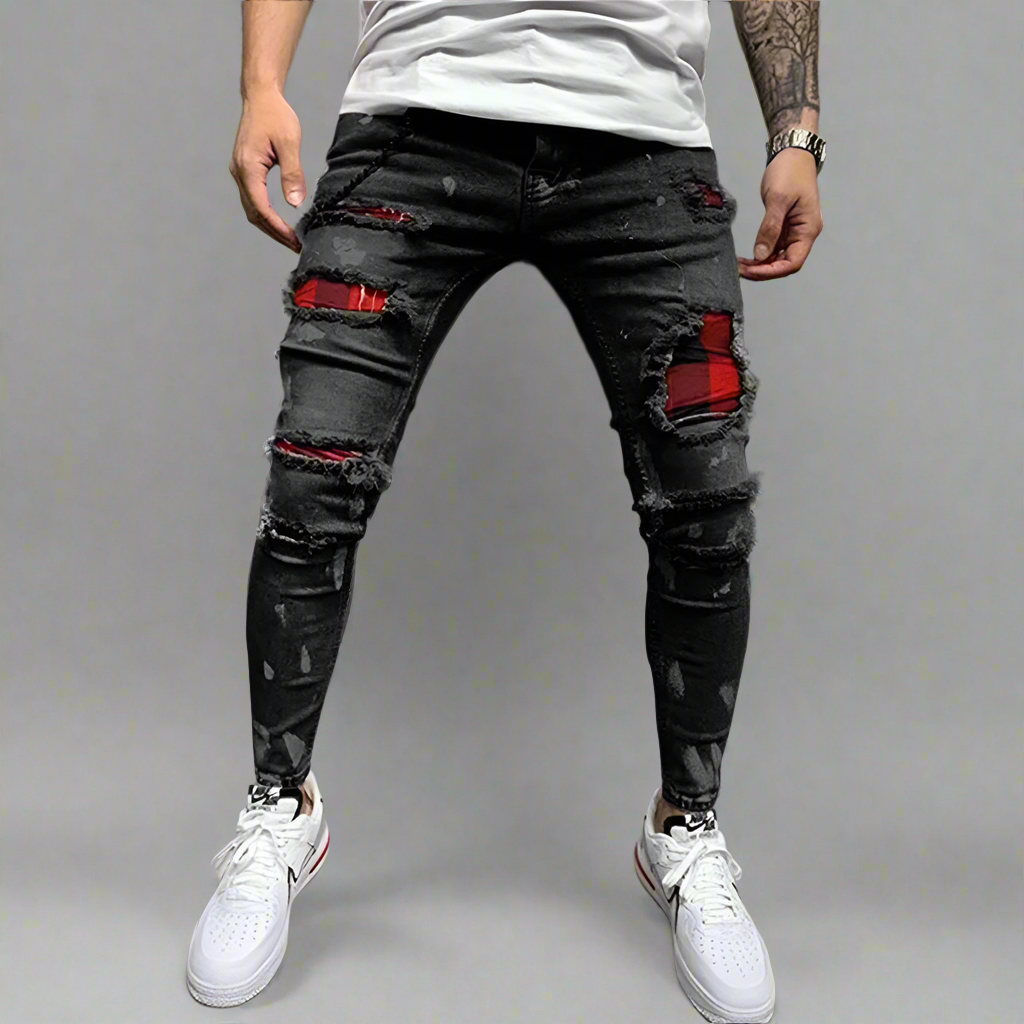 New Skinny Ripped Jeans w/ Grid Hole Plaid Patches - Amplify