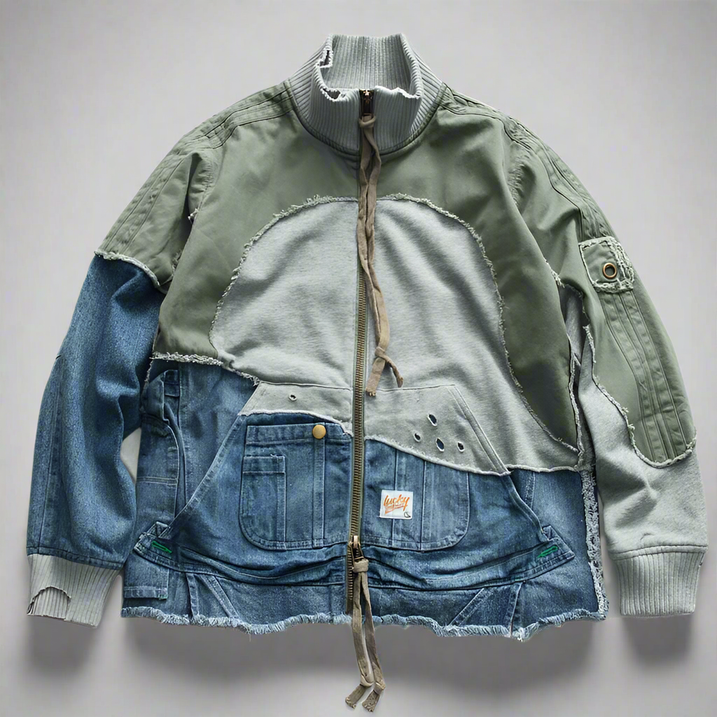 Washed Ripped Denim Patchwork Jacket x Vintage Turtleneck - Amplify