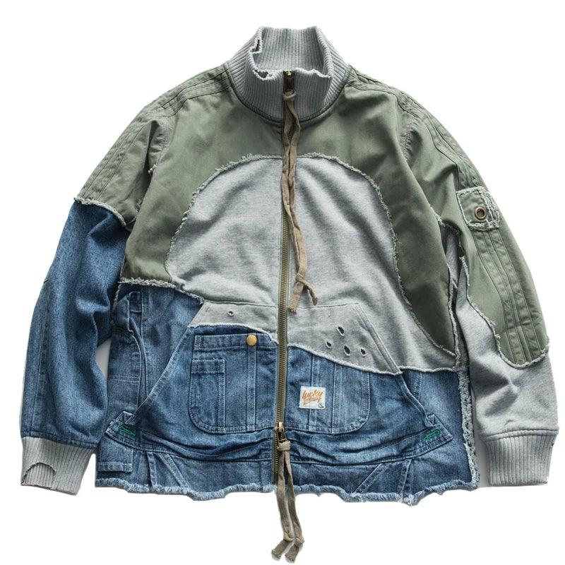 Washed Ripped Denim Patchwork Jacket x Vintage Turtleneck blue