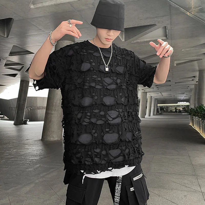 Distressed Holey Streetwear | Ripped Oversized Black Tee - Amplify