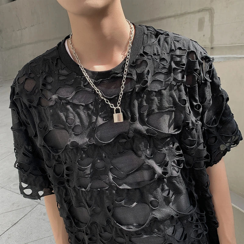 Distressed Holey Streetwear | Ripped Oversized Black Tee - Amplify