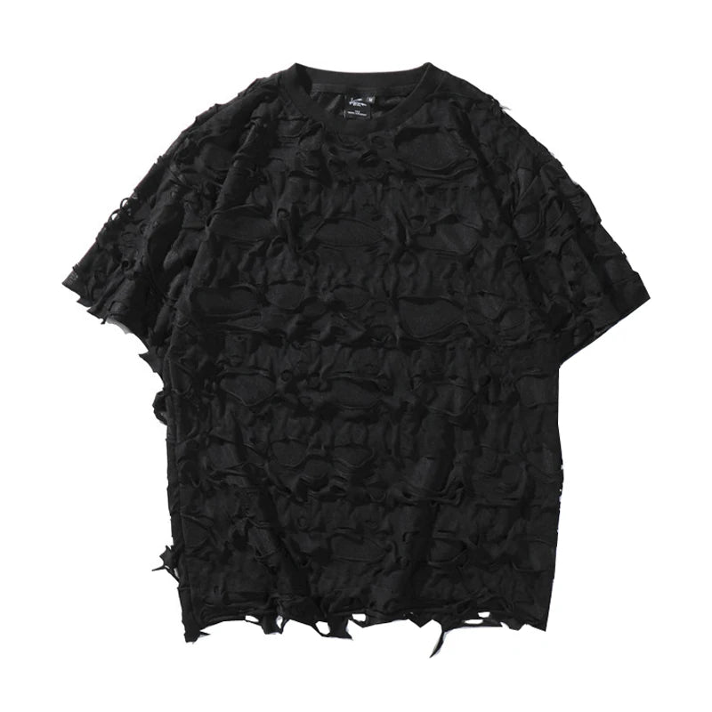 Distressed Holey Streetwear | Ripped Oversized Black Tee - Amplify