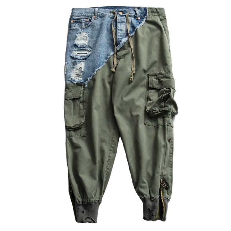 Heavy Ankle Zipper Patchwork Jeans x Joggers | Army Drawstring Cargo - Amplify