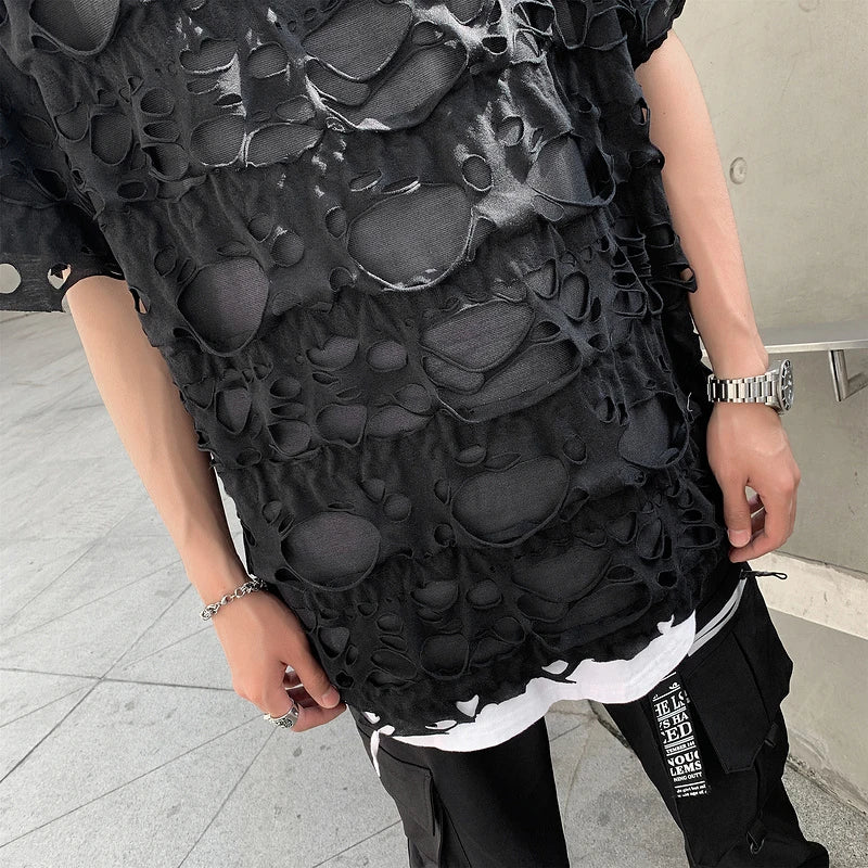 Distressed Holey Streetwear | Ripped Oversized Black Tee - Amplify