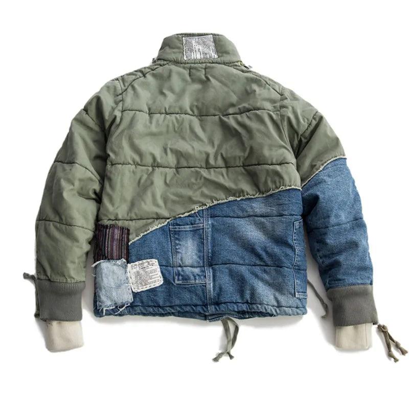 Hi Street Hole Patchwork Denim Jacket x Streetwear Thick Down Cotton Jean Coat