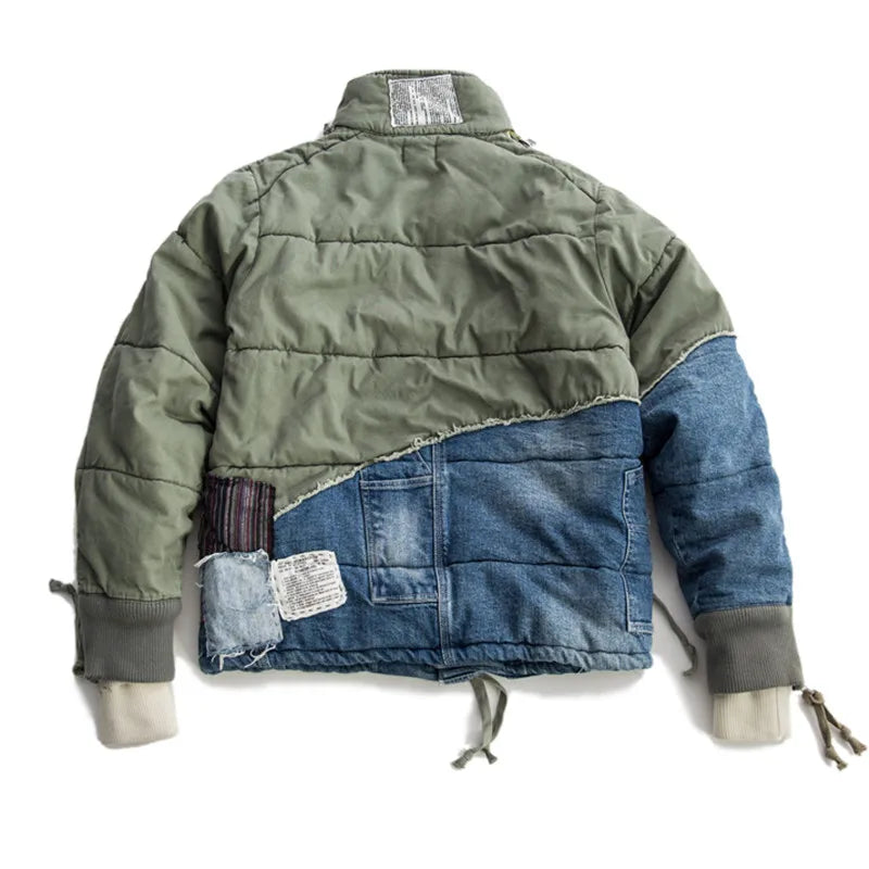 Hi Street Hole Patchwork Denim Jacket x Streetwear Thick Down Cotton Jean Coat - Amplify