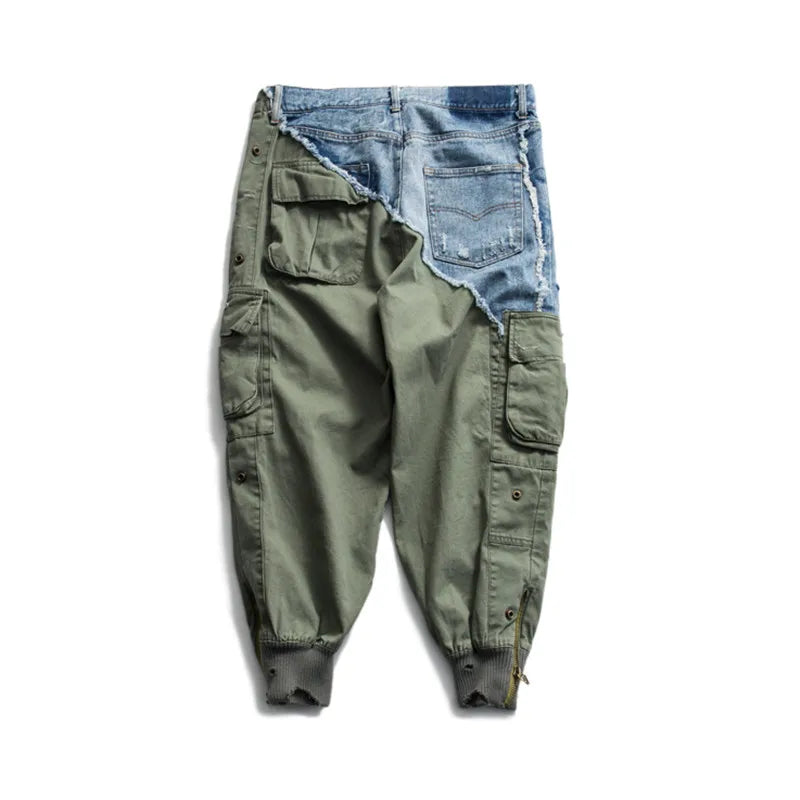 Heavy Ankle Zipper Patchwork Jeans x Joggers | Army Drawstring Cargo - Amplify