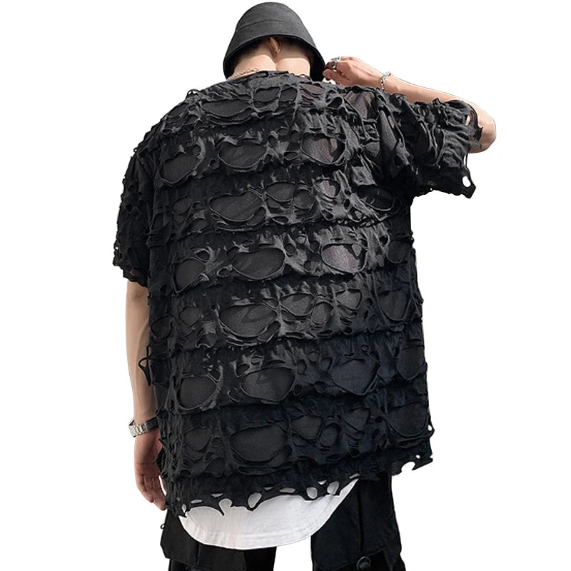 Distressed Holey Streetwear | Ripped Oversized Black Tee - Amplify