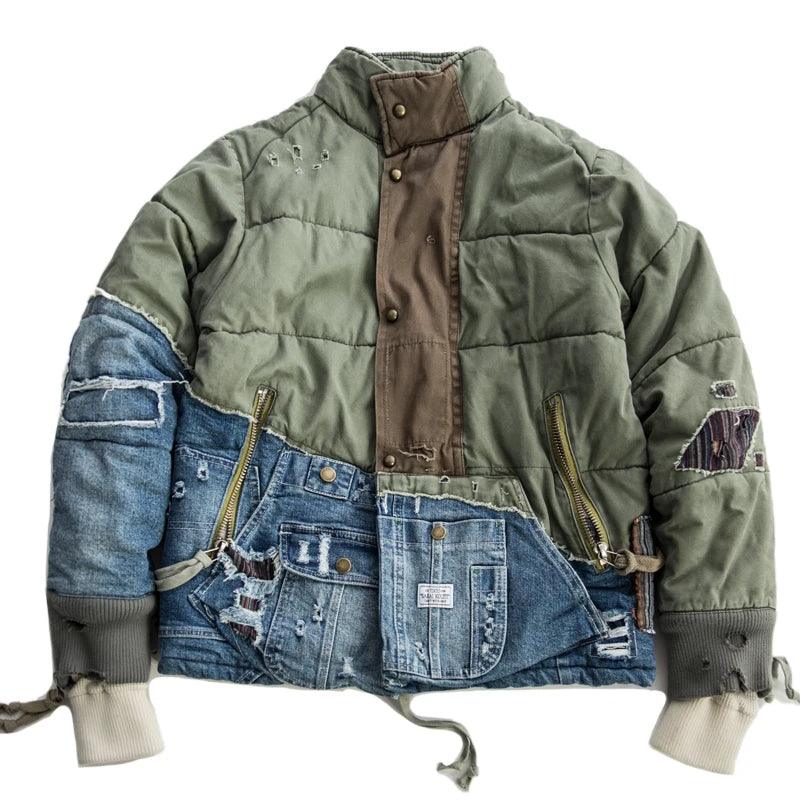 Hi Street Hole Patchwork Denim Jacket x Streetwear Thick Down Cotton Jean Coat as pic