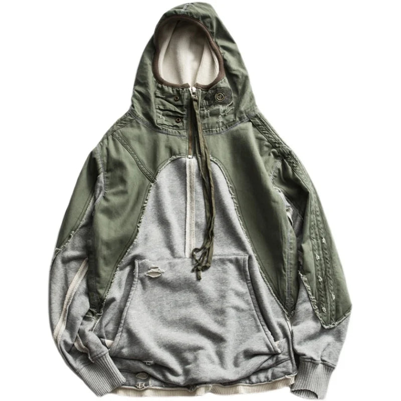 Heavy Army Patchwork Hooded Jacket x Hi Street Streetwear Loose Pullover - Amplify