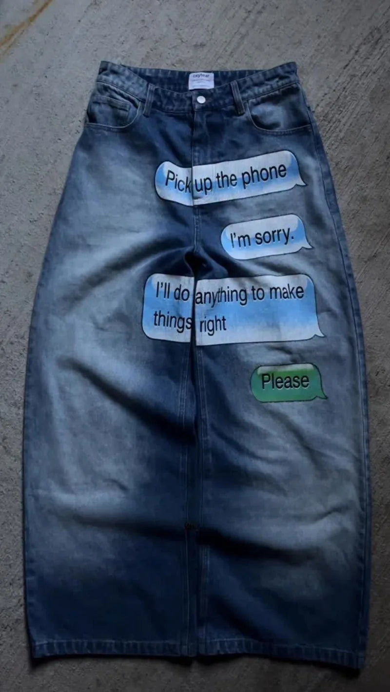 Y2K men Jeans American Pattern letter jeans 2000s vintage Harajuku gothic fashion Hip Hop men women aesthetic Daily Streetwear