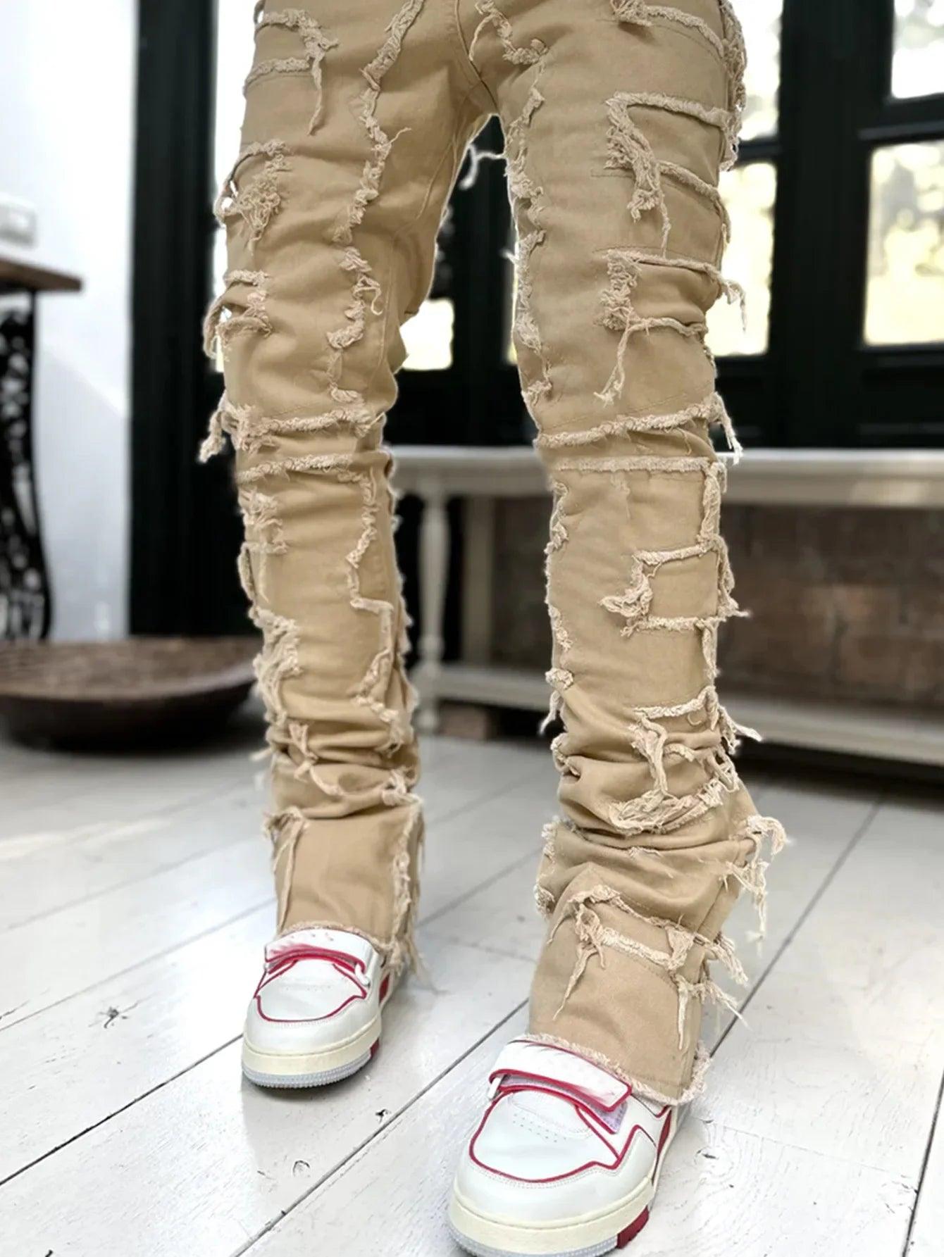 Ripped Slim Fit Destroyed Straight Denim Sand (Tan)