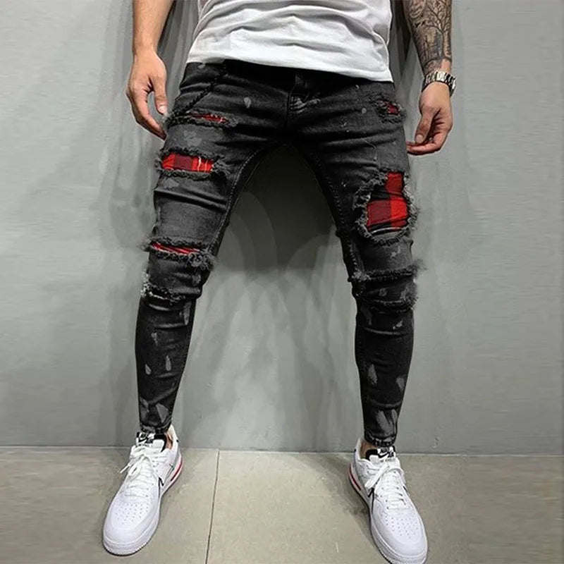 New Skinny Ripped Jeans w/ Grid Hole Plaid Patches - Amplify