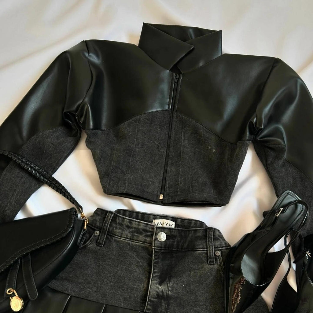 Leather Spliced Denim Black Two Piece Set | Gothic Long Sleeve Zipper Jacket Mini Pleated Skirt Top5