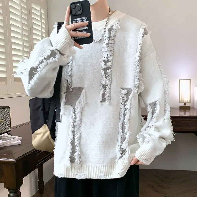 Men's Knit Sweater with Holes Autumnr and Winter Aesthetic Woven Korean Knitwear Popular Clothes Y2k Round Collar Pullovers Male