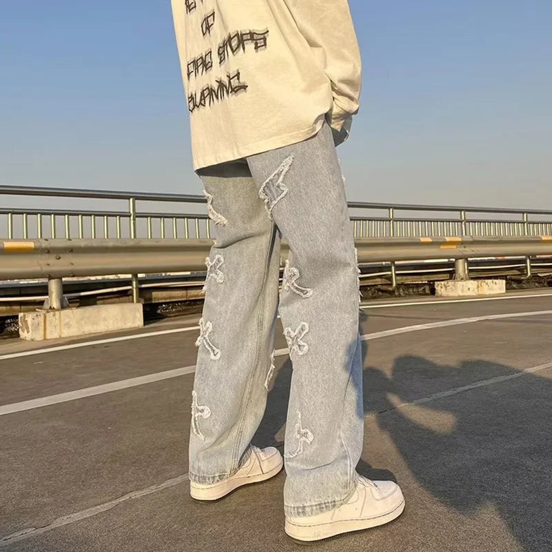 Men Straight Leg Denim Jeans Male New Fashion Casual Loose High Street Y2k Pants New Wide Leg Hip Hop Black Blue Pants