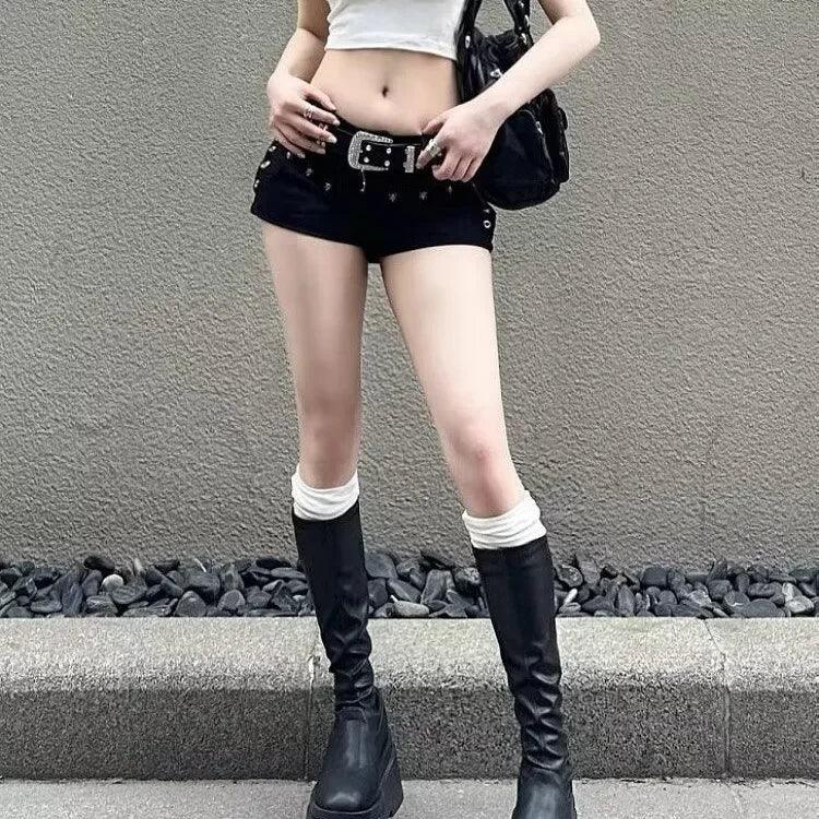 American Style Y2K Black Denim Shorts | Sexy Low Waist Curve