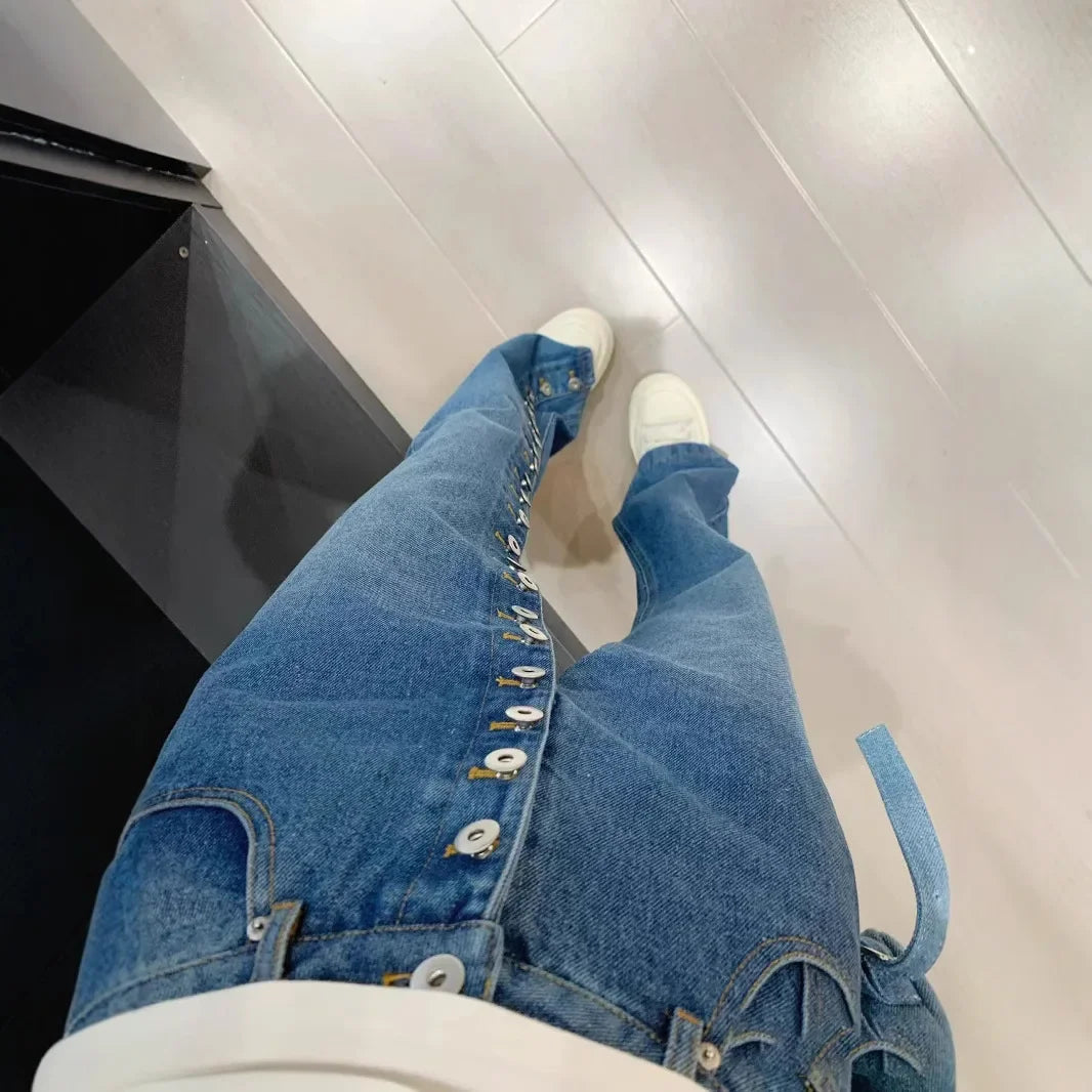 American high street breasted design straight jeans women's autumn and winter new high waist design fashion loose slim pants.