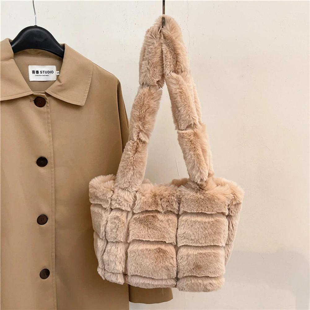 Designer Fuzzy Plush Shoulder Bag Khaki