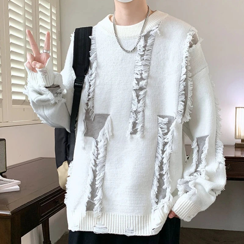 Men's Knit Sweater with Holes Autumnr and Winter Aesthetic Woven Korean Knitwear Popular Clothes Y2k Round Collar Pullovers Male