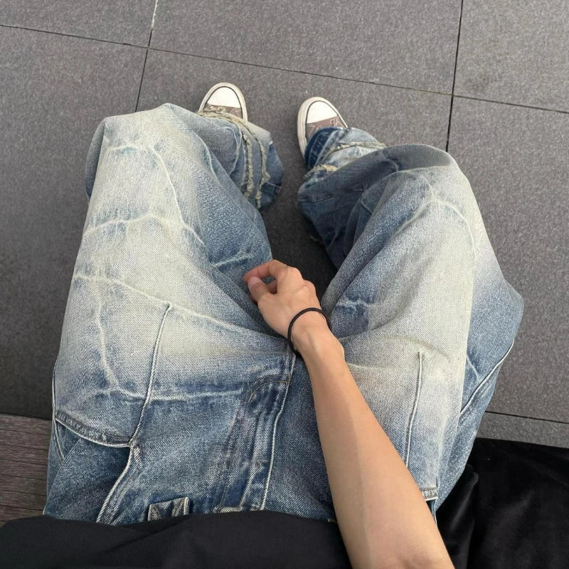 Y2K American Chic Lightning Textured Bristled Wide-leg Loose Jeans Women Gothic Retro Street Casual Jeans Couple Trousers Unisex